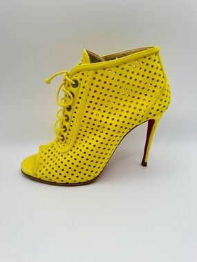 Christian Louboutin Yellow Suede Perforated Lace-Up Booties Peep Toe Heels 36.5
